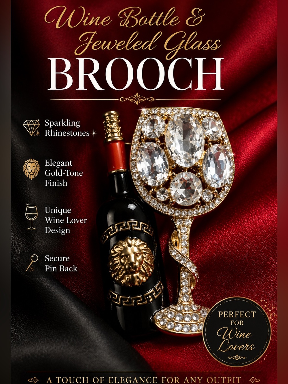 Jeweled Wine Glass Brooch with Rhinestones - Gold & Clear